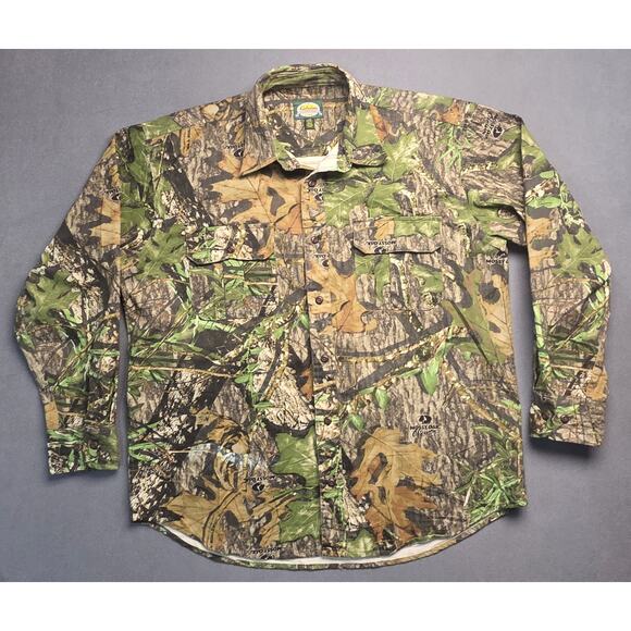 Cabelas Mossy Oak Obsession Camo Mens Large Shirt Overshirt  Pockets Hunting - Picture 1 of 9